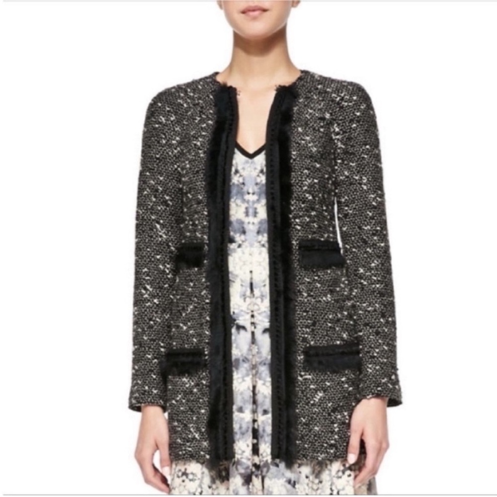 Nanette Lepore Incognito coat black tweed rabbit fur trimmed white